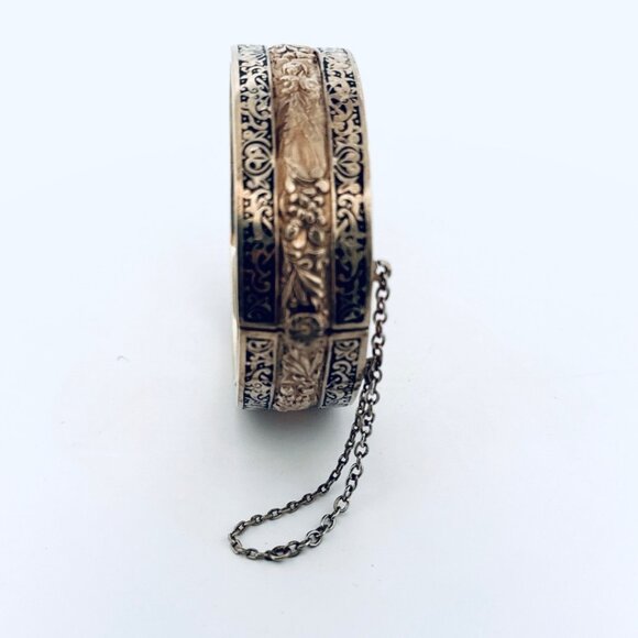 Vintage Topazio Mexico Sterling Silver Black Enamel Hinged Wide Cuff Bracelet - Picture 6 of 12